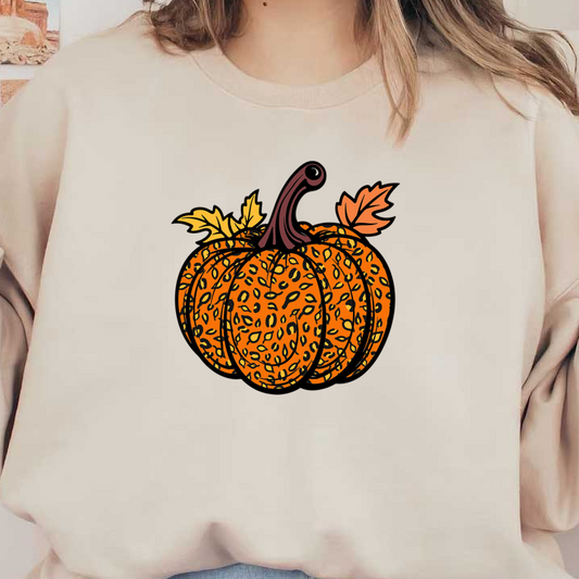 A vibrant, illustrated pumpkin featuring intricate leaf patterns and bold orange tones, accented with green and yellow leaves. heat press transfers