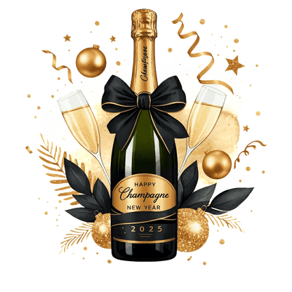 Celebrate the New Year with this festive champagne bottle adorned with a bow, elegant flutes, and sparkling decorations!DTF Transfers