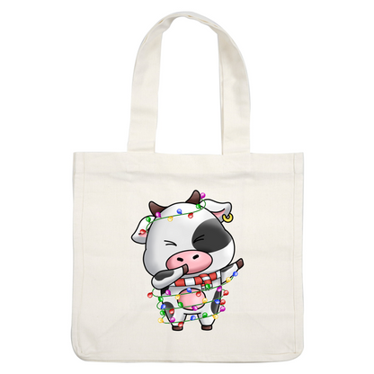 A cute cartoon cow wrapped in colorful Christmas lights, wearing a striped scarf and playfully shushing. heat press transfers