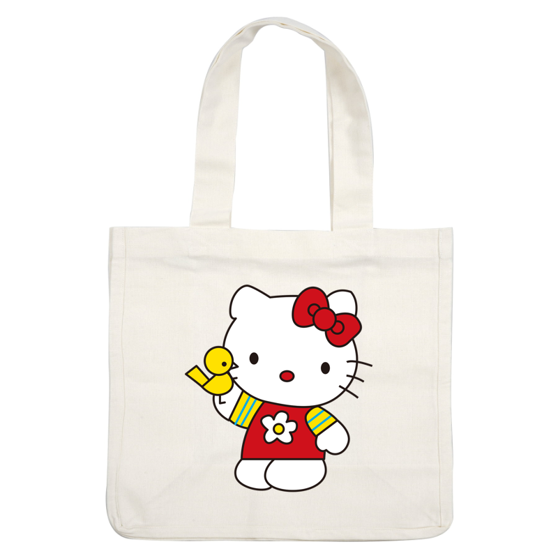 Meet Hello Kitty, the adorable character in a red dress with a flower, holding a cute yellow bird!DTF Transfers