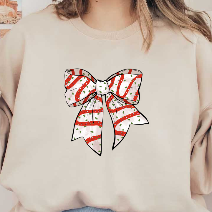 A festive red and white bow adorned with green accents, perfect for holiday decorations or gift wrapping. dtf transfers