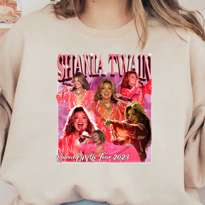 A vibrant collage of Shania Twain performing in a stunning pink outfit during her Queen Of Me Tour 2023.DTF Transfersdtf regular iron