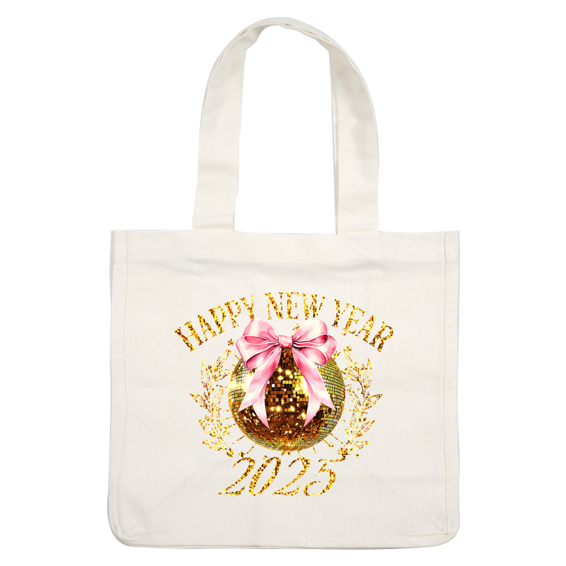 Celebrate the New Year with a sparkling golden disco ball, adorned with a pink bow, and surrounded by festive wishes for 2025!DTF Transfers heat press transfersdtf regular iron