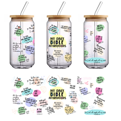 My Daily Bible Affirmations notebook with colorful illustrations.UV Transfers