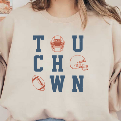 Un diseño gráfico vibrante que presenta la palabra "TOUCHDOWN" junto con ilustraciones de fútbol y cascos, perfecto para los entusiastas de los deportes.