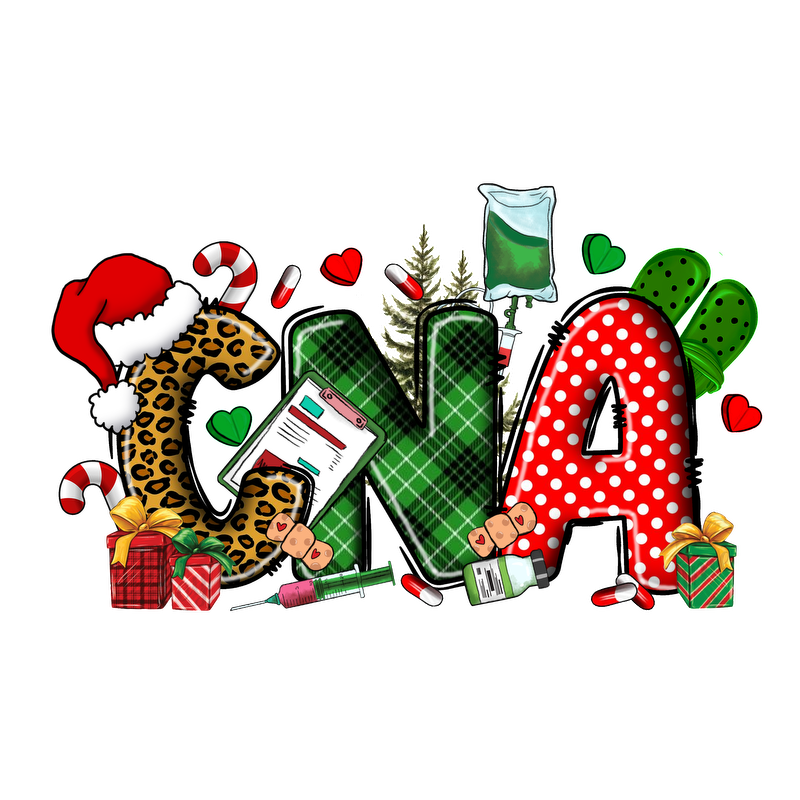 A vibrant and festive design featuring the letters "C," "N," and "A," adorned with holiday elements and medical symbols.DTF Transfers