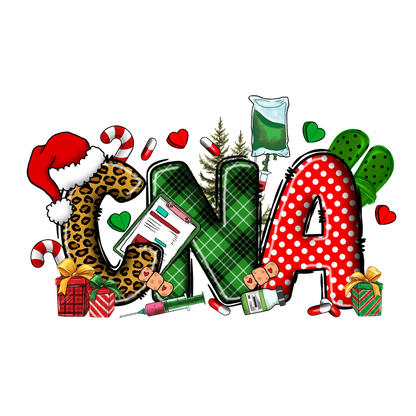 A vibrant and festive design featuring the letters "C," "N," and "A," adorned with holiday elements and medical symbols.DTF Transfers