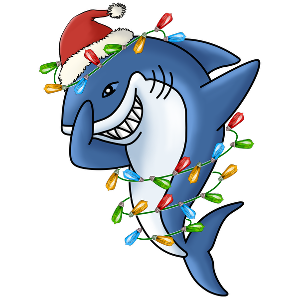 A playful cartoon shark wearing a Santa hat and decorated with colorful Christmas lights, exuding festive cheer. heat press transfers