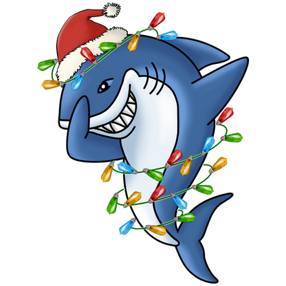 A playful cartoon shark wearing a Santa hat and decorated with colorful Christmas lights, exuding festive cheer. heat press transfers