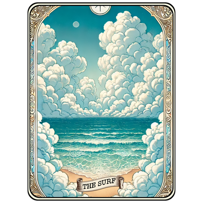 Una ilustración vibrante que representa una escena serena del océano con nubes esponjosas, olas y una costa tranquila, titulada "The Surf".