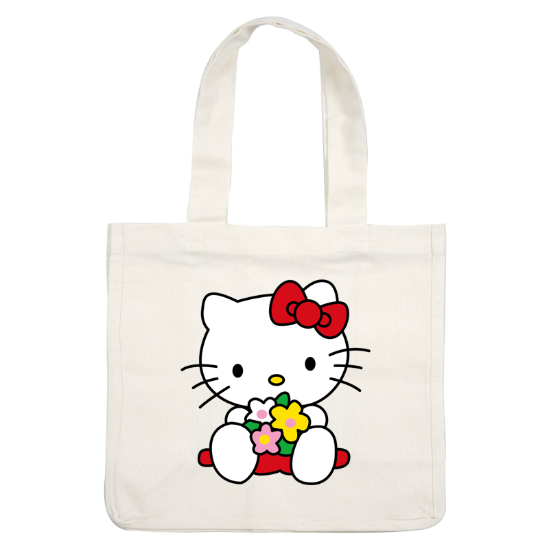 This adorable Hello Kitty character holds a bouquet of colorful flowers, featuring her signature red bow and cheerful expression.DTF Transfers