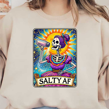 A vibrant and playful illustration of a skeleton in a colorful dress, joyfully shaking salt with the phrase "SALTY AF" below. dtf prints