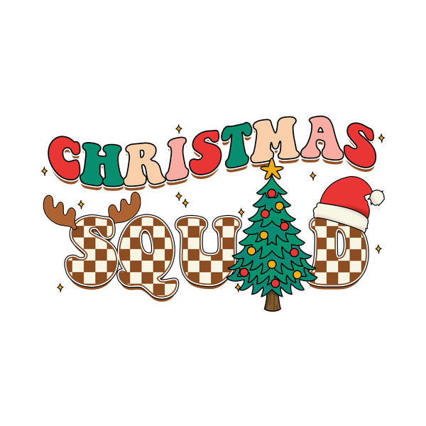 Festive “Christmas Squad” graphic featuring a decorated tree, Santa hat, and playful letters in bright colors and patterns. dtf prints