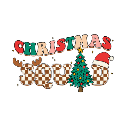 Festive “Christmas Squad” graphic featuring a decorated tree, Santa hat, and playful letters in bright colors and patterns. dtf prints