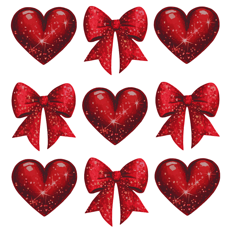 A vibrant collection of shiny red hearts and bows, embellished with sparkling details, perfect for celebrating love and special occasions.DTF Transfers