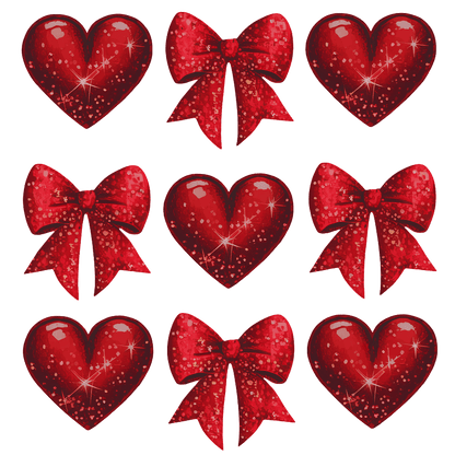 A vibrant collection of shiny red hearts and bows, embellished with sparkling details, perfect for celebrating love and special occasions.DTF Transfers