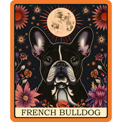 Una ilustración vibrante de un Bulldog Francés rodeado de flores coloridas y elementos celestiales, perfecto para los amantes de los perros.