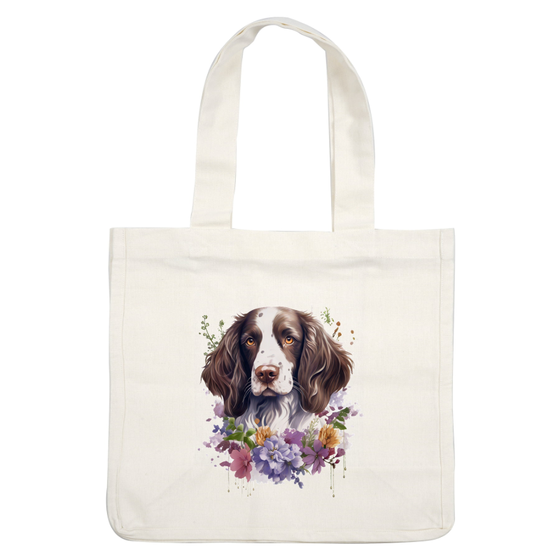 A beautifully detailed illustration of a dog surrounded by colorful flowers, showcasing the dog's expressive eyes and soft fur. dtf prints