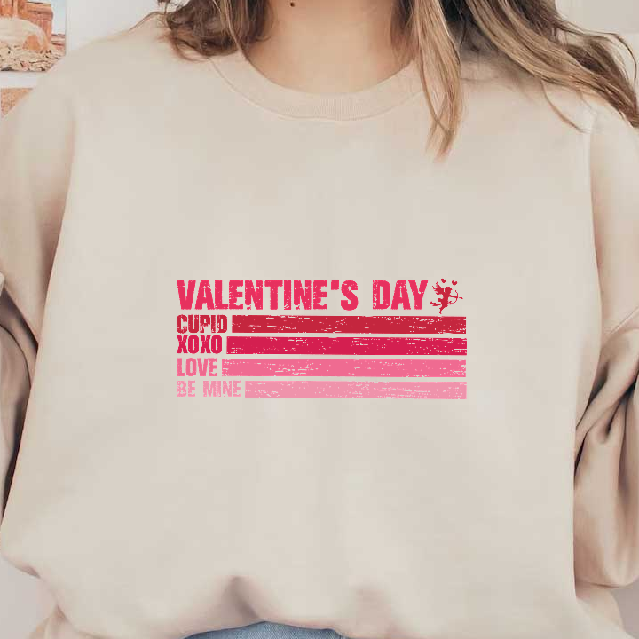 Celebrate love with this vibrant Valentine's Day graphic, featuring playful phrases like "Cupid," "XOXO," and "Be Mine" against a colorful background.DTF Transfers