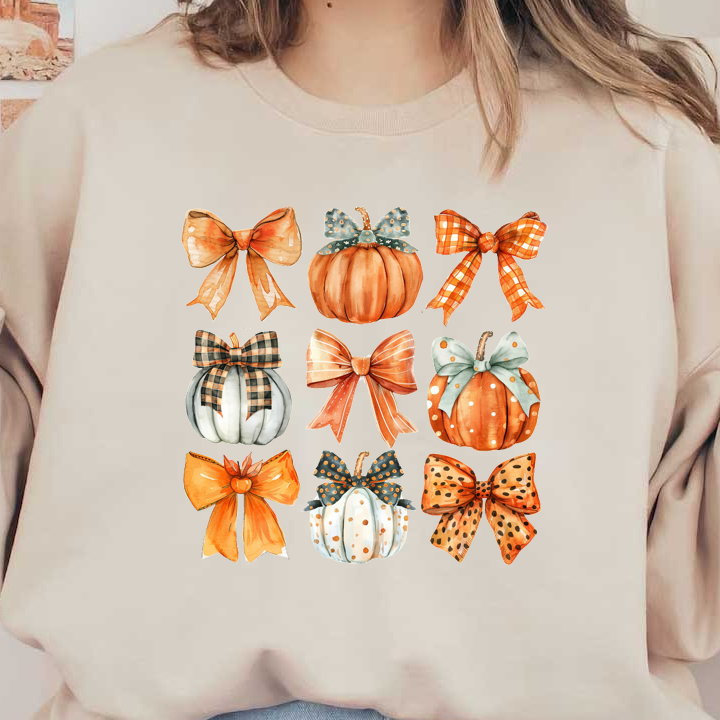 A charming collection of watercolor pumpkins and bows in autumn hues, featuring patterns like plaid and polka dots. heat press transfers