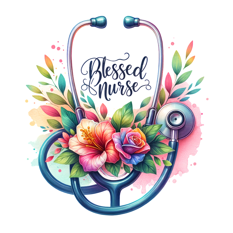 A beautifully designed illustration featuring a stethoscope intertwined with vibrant flowers and the text "Blessed Nurse," celebrating nursing dedication.DTF Transfers