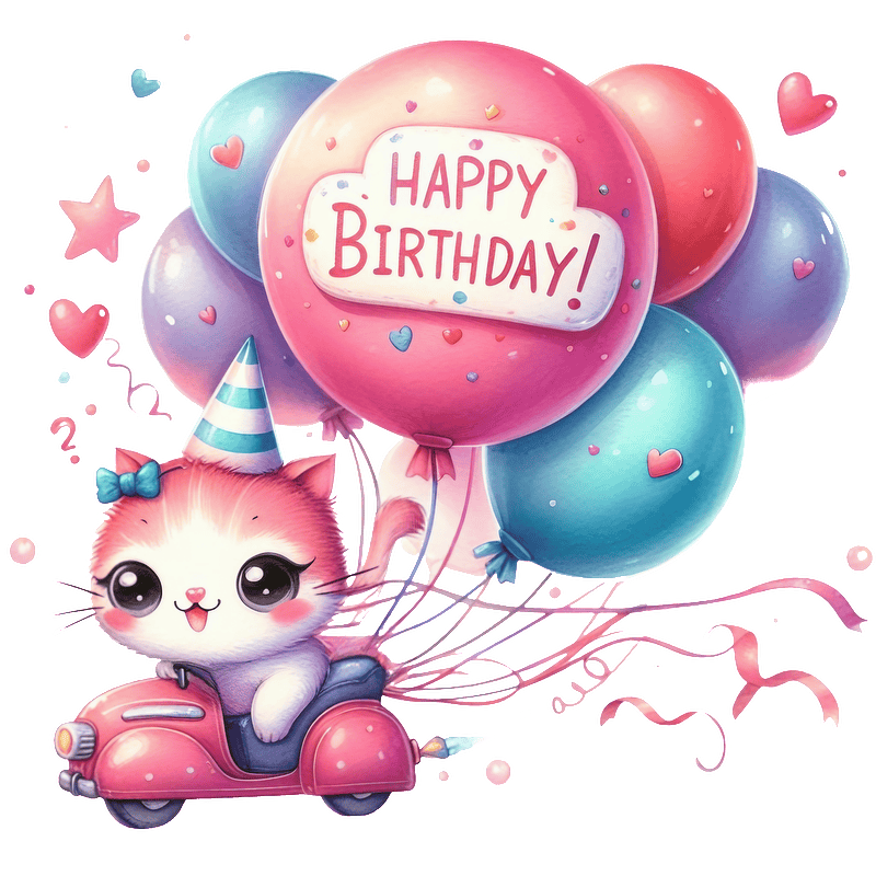 A cute kitten wearing a party hat joyfully rides a toy car, holding colorful balloons that say "Happy Birthday!"DTF Transfers