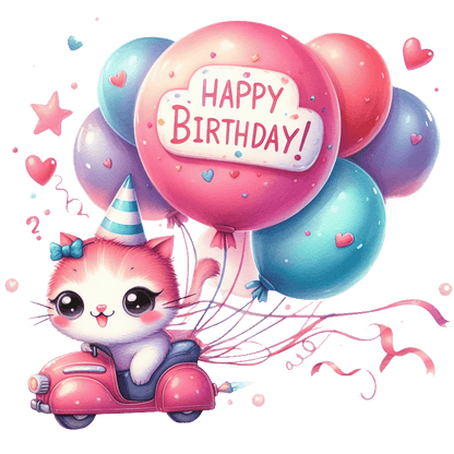 A cute kitten wearing a party hat joyfully rides a toy car, holding colorful balloons that say "Happy Birthday!"DTF Transfers