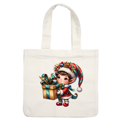 A cheerful elf in a festive outfit holds a beautifully wrapped gift, adorned with colorful ribbons and a holiday-themed hat.DTF Transfers dtf prints