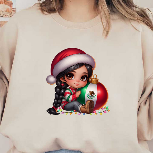 A cute girl in a Santa hat and festive outfit cuddles a large ornament featuring the Mexican flag, surrounded by Christmas lights.DTF Transfers dtf prints