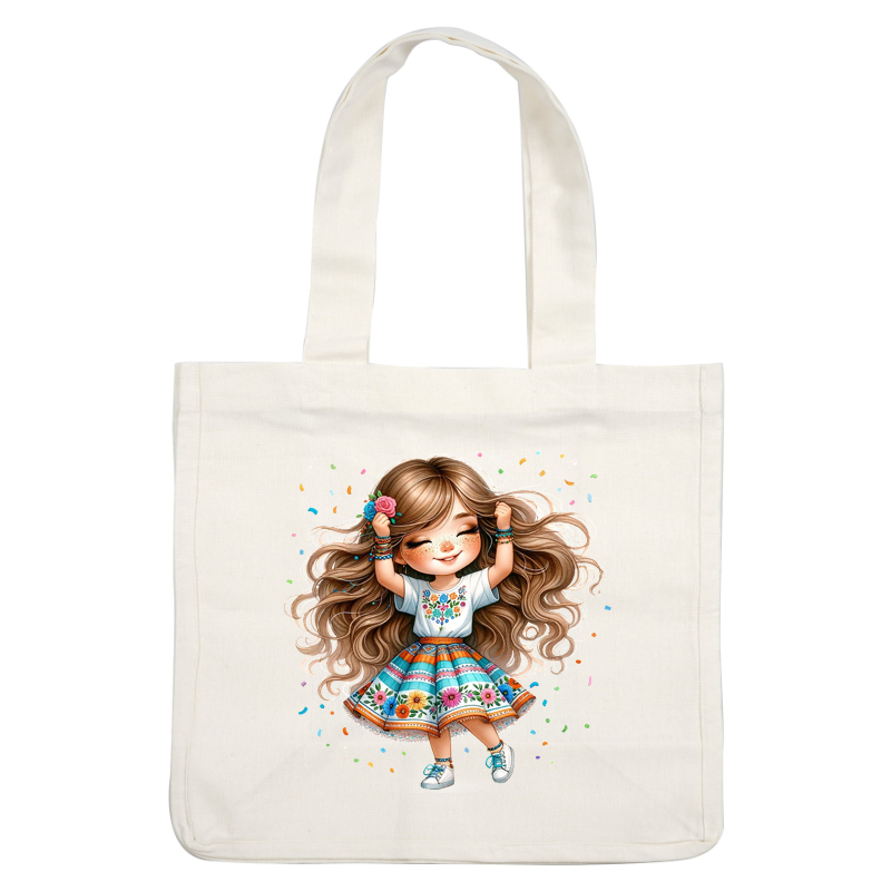 A joyful girl with long, wavy hair dances in a colorful floral skirt and embroidered top, radiating happiness. dtf prints