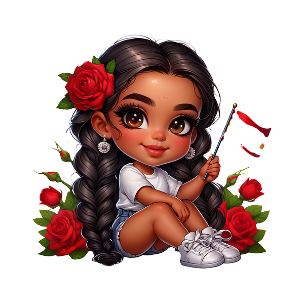 A cute, cartoon-style girl with braided hair, wearing a white shirt and denim shorts, surrounded by red roses.DTF Transfers heat press transfers