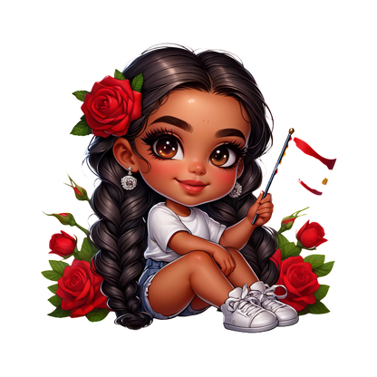 A cute, cartoon-style girl with braided hair, wearing a white shirt and denim shorts, surrounded by red roses.DTF Transfers heat press transfers