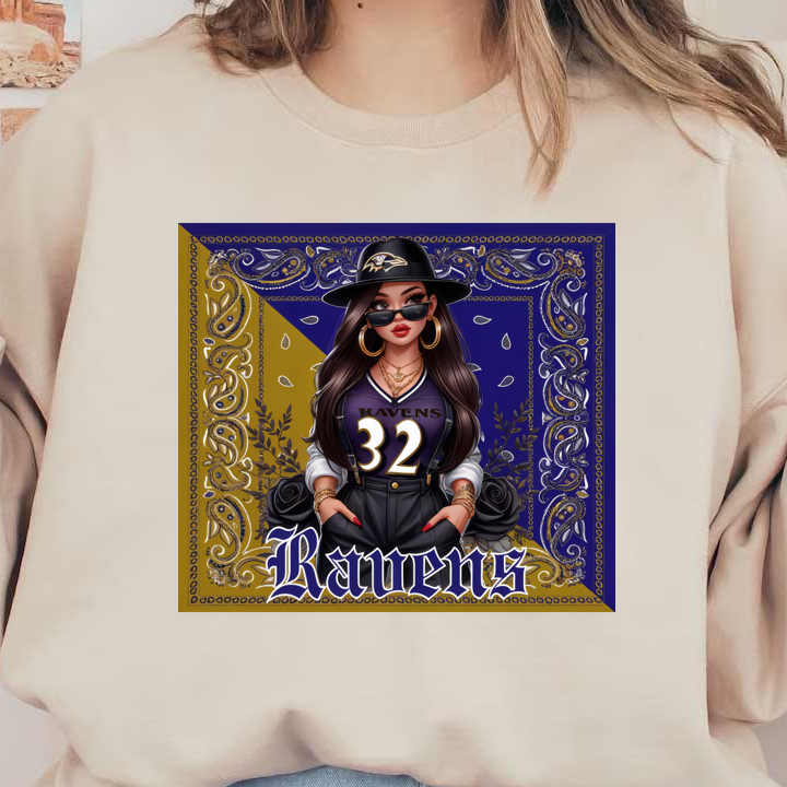 Elegante fan art que presenta a una mujer elegante con el equipo de los Ravens, que muestra una combinación de colores negro y morado con gráficos llamativos.