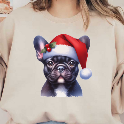 Un encantador bulldog francés negro con un festivo gorro rojo de Papá Noel adornado con acebo y bayas, ¡perfecto para el espíritu navideño!