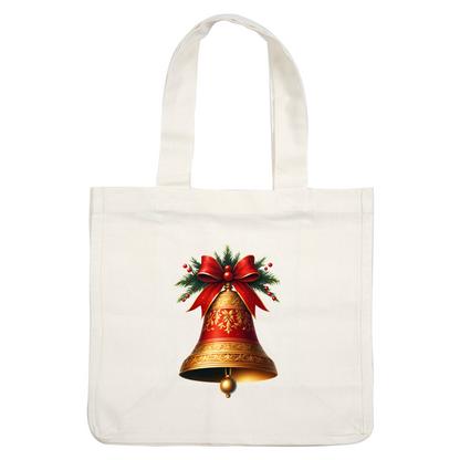 A beautifully ornate gold Christmas bell adorned with a festive red bow, holly, and pine accents. heat press transfers