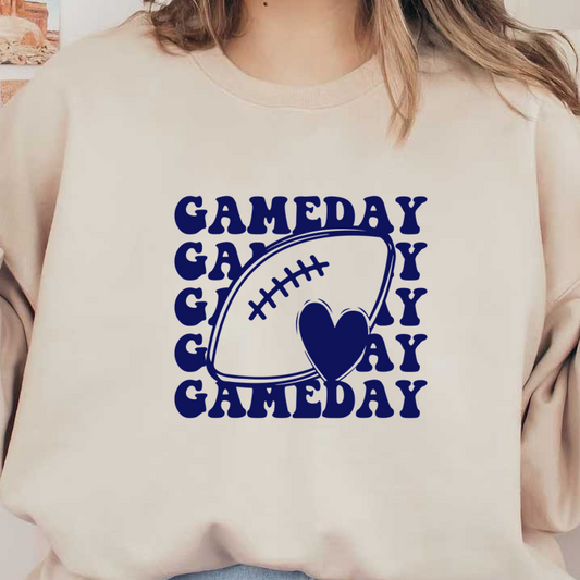 A vibrant "Gameday" graphic featuring a football and a heart, perfect for showing your love for the game! heat press transfers