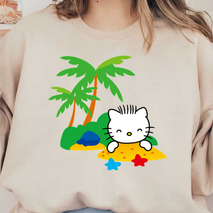 This cheerful illustration features a cute cartoon cat with a playful smile, surrounded by sandy beaches and tropical palm trees.DTF Transfers