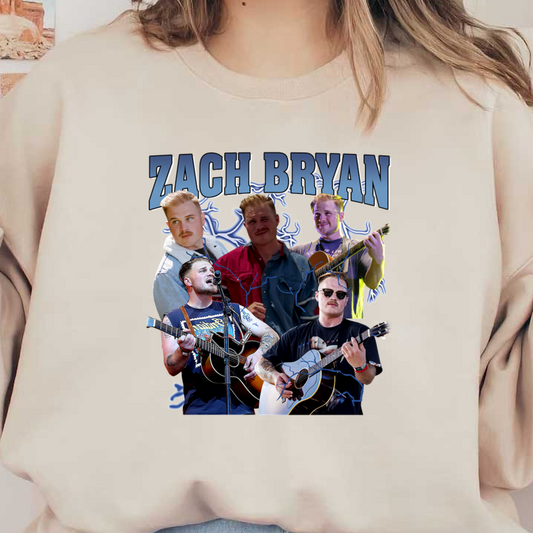 A vibrant collage featuring country artist Zach Bryan, showcasing multiple images of him performing with a guitar and lively expressions.DTF Transfers heat press transfers
