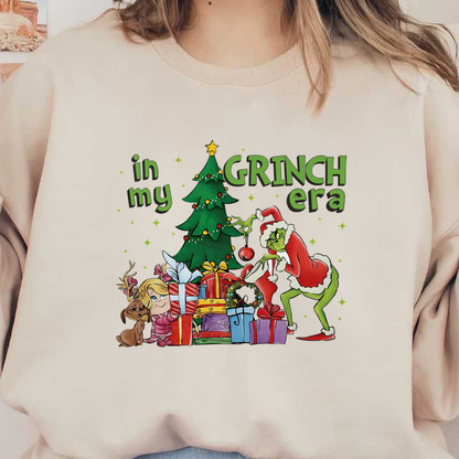 Celebrate the holiday spirit with this whimsical illustration featuring the Grinch, Christmas tree, and colorful presents!DTF Transfers heat press transfers dtf transfers