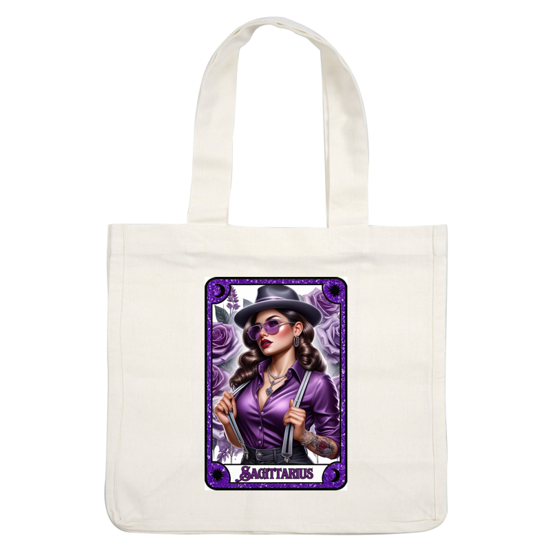 A stylish Sagittarius illustration featuring a woman in a purple shirt, suspenders, sunglasses, and a hat, surrounded by roses.dtf regular iron