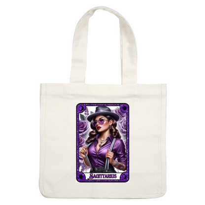 A stylish Sagittarius illustration featuring a woman in a purple shirt, suspenders, sunglasses, and a hat, surrounded by roses.dtf regular iron