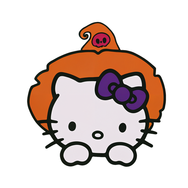 This adorable Hello Kitty features a playful design with an orange witch hat and a cute purple bow.DTF Transfers