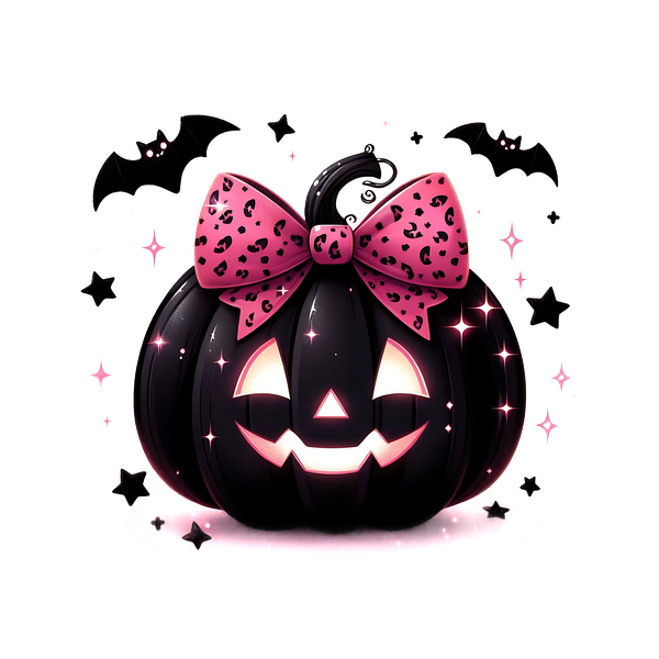 This whimsical black pumpkin features a playful pink leopard print bow and glowing cut-out eyes, perfect for Halloween décor.