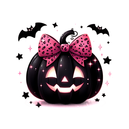 This whimsical black pumpkin features a playful pink leopard print bow and glowing cut-out eyes, perfect for Halloween décor.