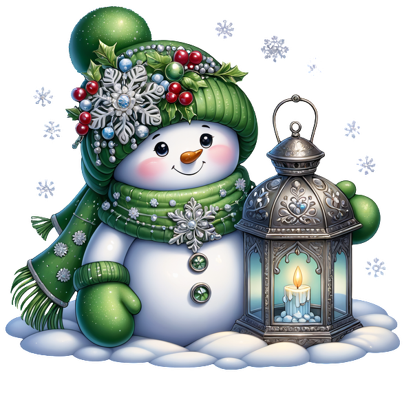 A cheerful snowman adorned with a green scarf and hat, holding a lantern with a glowing candle, surrounded by snowflakes.DTF Transfers heat press transfers