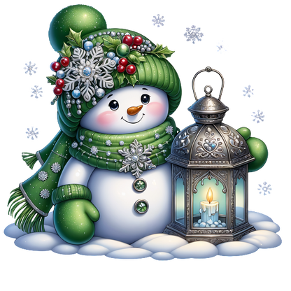 A cheerful snowman adorned with a green scarf and hat, holding a lantern with a glowing candle, surrounded by snowflakes.DTF Transfers heat press transfers