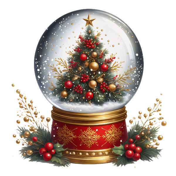 A festive Christmas snow globe featuring a decorated tree with red and gold accents, set on a vibrant red base. dtf prints