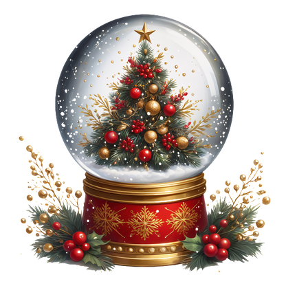 A festive Christmas snow globe featuring a decorated tree with red and gold accents, set on a vibrant red base. dtf prints