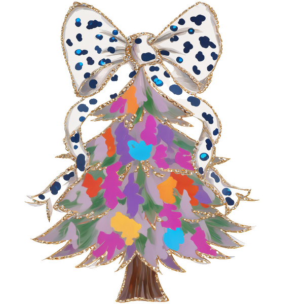 A vibrant, colorful Christmas tree adorned with a bold polka dot bow, featuring playful splashes of various hues.DTF Transfersdtf regular iron