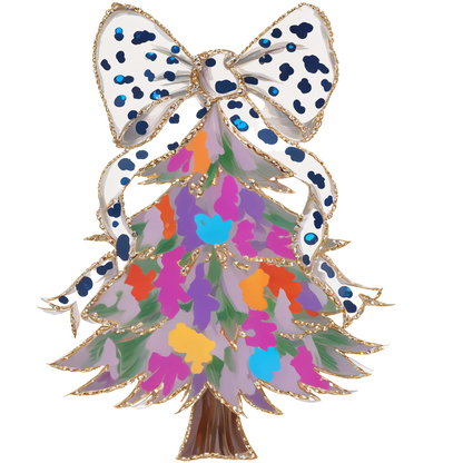 A vibrant, colorful Christmas tree adorned with a bold polka dot bow, featuring playful splashes of various hues.DTF Transfersdtf regular iron